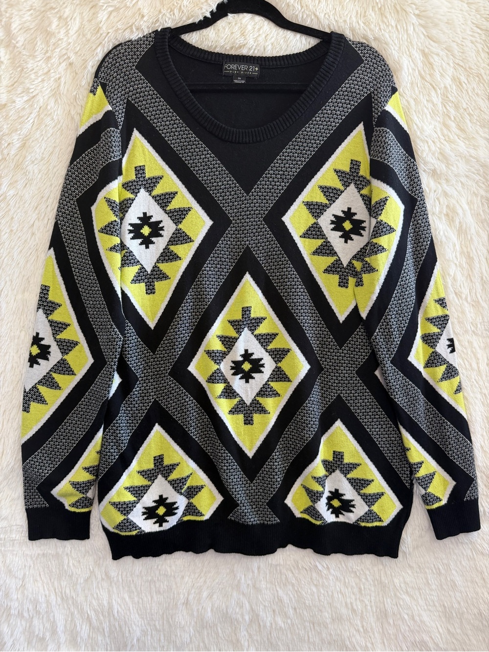Forever 21+ Womens Geometric Sweater Size 3X Black Yellow Indie Sleaze Grunge
